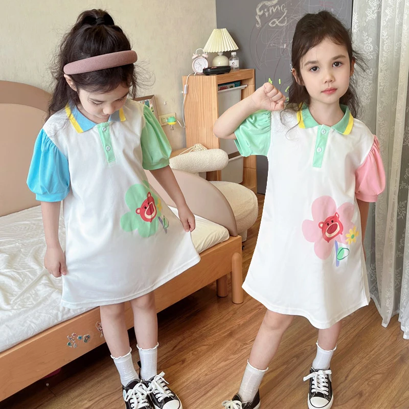 女童夏季连衣裙2025新款洋气韩系草莓小熊小女孩POLO杉刺绣裙子潮