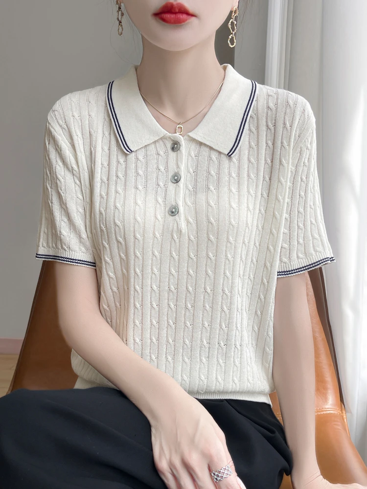 POLO领麻花冰丝短袖t恤衫女撞色宽松休闲polo衫薄款透气冰凉半袖