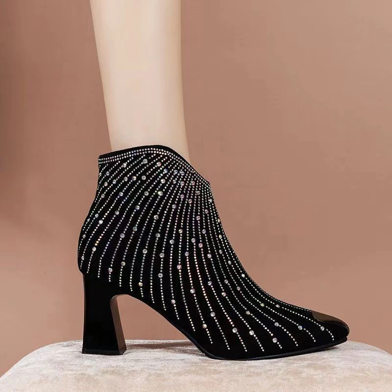 2025美拉德水钻粗跟短靴女秋冬季新爆款尖头高跟鞋侧拉链烫钻单靴