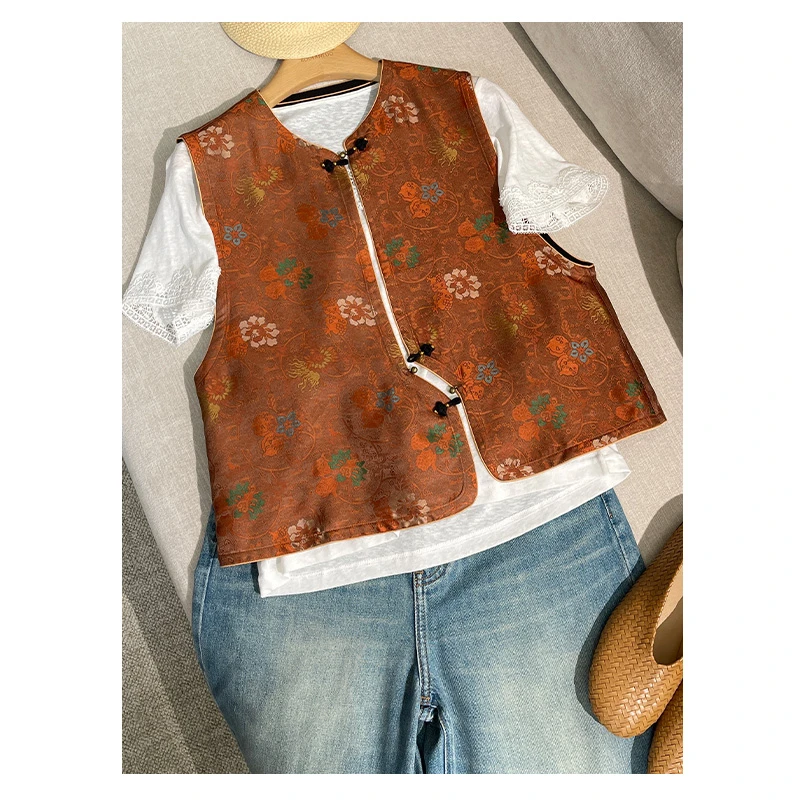 夏季新中式宽松桑蚕丝马甲香云纱无袖提花中国风马夹D25171