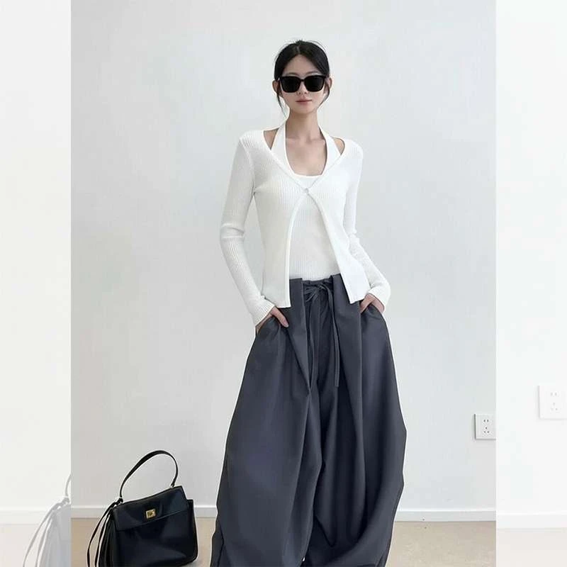 法式气质白色挂脖假两件长袖针织衫女早秋季内搭高级感打底衫上衣