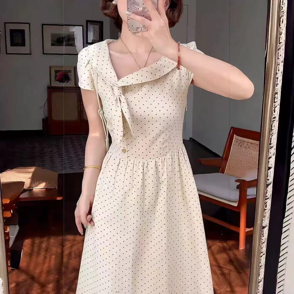 FRVXO法式小清新波点连衣裙女装夏季显瘦裙子蝴蝶结收腰a字裙