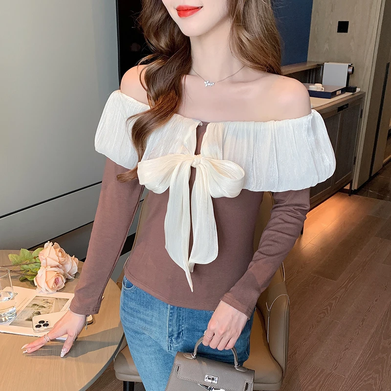 2025夏季新款立体花朵一字肩修身小众洋气长袖打底衫针织长袖上衣