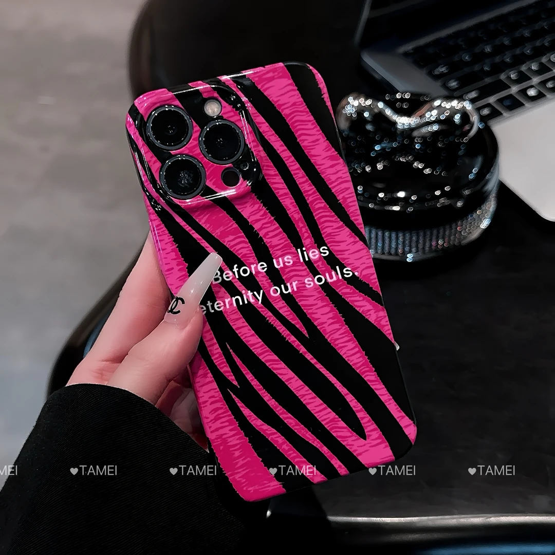 玫红斑马纹镜面支架适用苹果16/15手机壳vivo华为高级感手机壳