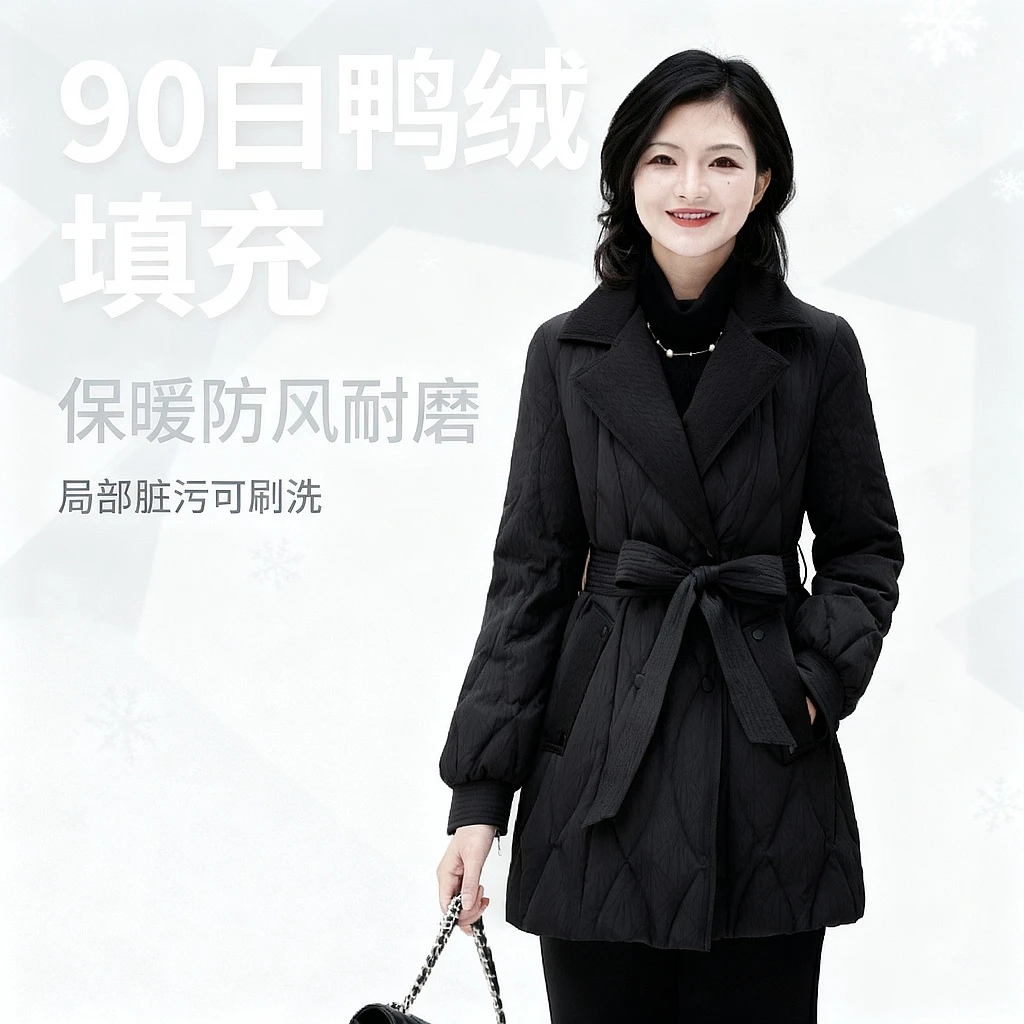 阿楠anan 温情倒叙 90白鸭绒立裁收腰菱形格黑色羽绒服女冬新款