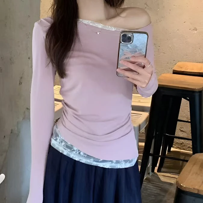 【青苍 】XQ2262秋季新款拼接蕾丝斜肩上衣