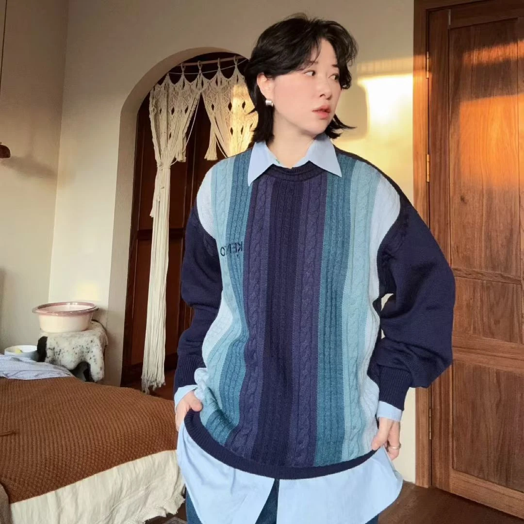 肯/紫蓝拼麻花撞色毛衣