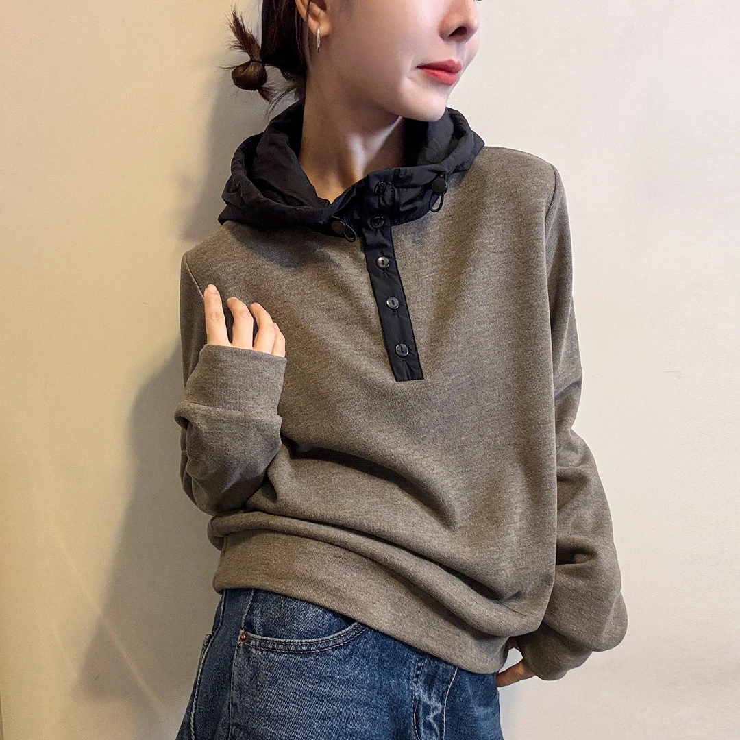 HMY 31180 欧货复古连帽半排扣长袖T恤冬款加厚德绒卫衣打底衫