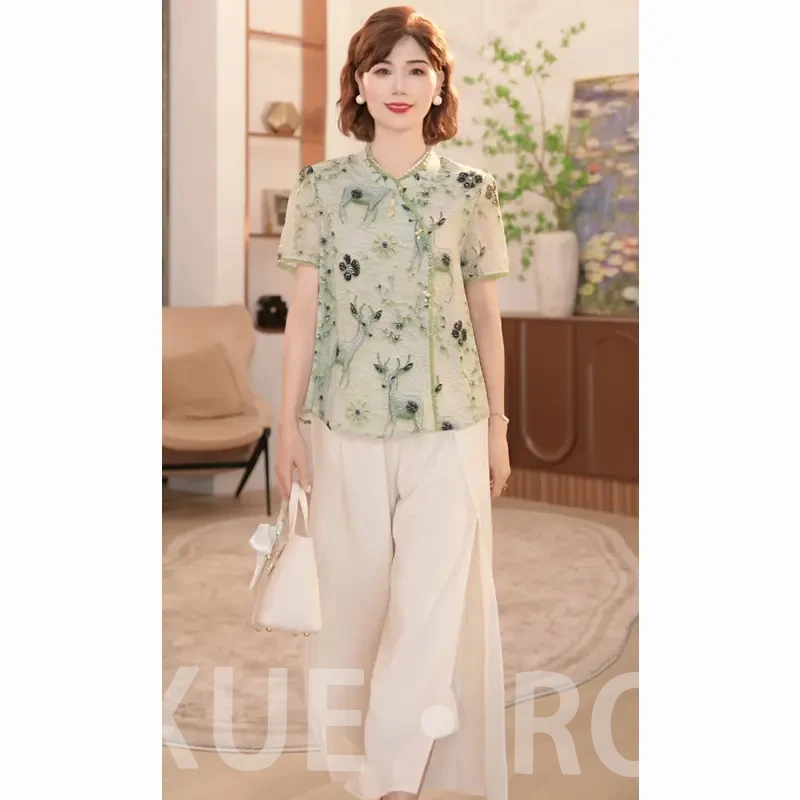 2025新款洋气质中老年女装时尚两件套洋气妈妈夏季上衣服休闲套装