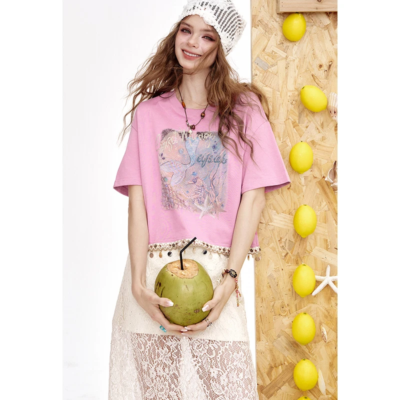 妖精的口袋贝壳流苏印花短袖t恤女2025年夏季新款设计感宽松上衣