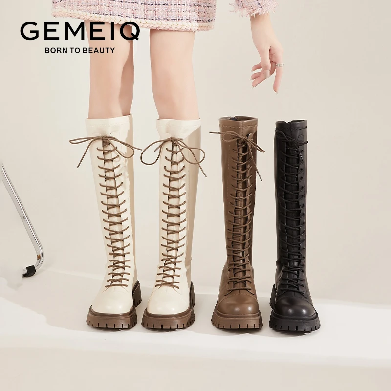 戈美其长筒靴女2024秋季新款黑色高筒靴绑带骑士靴瘦瘦靴马丁长靴
