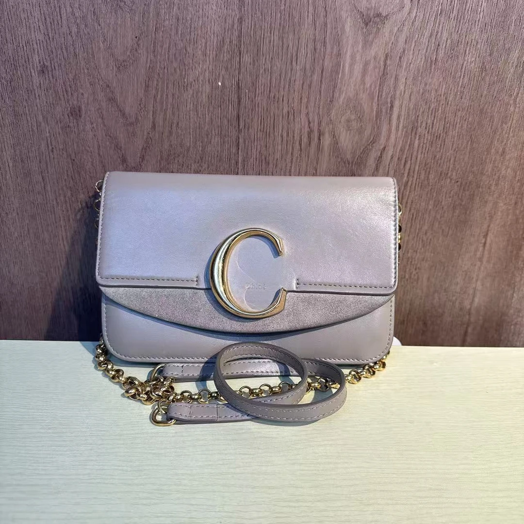 95新 Chloe/蔻依 克洛伊牛皮大logo链条包22cm米灰色HQ03