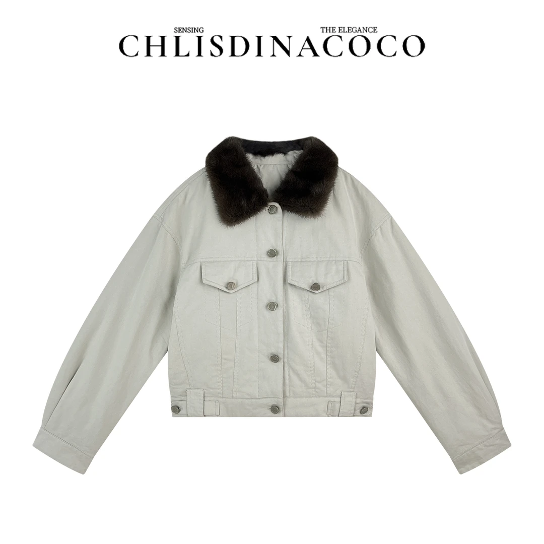 |迟到的coco|高定秋冬“100棉”时尚简约水貂毛领口鹅绒服L3WT08041