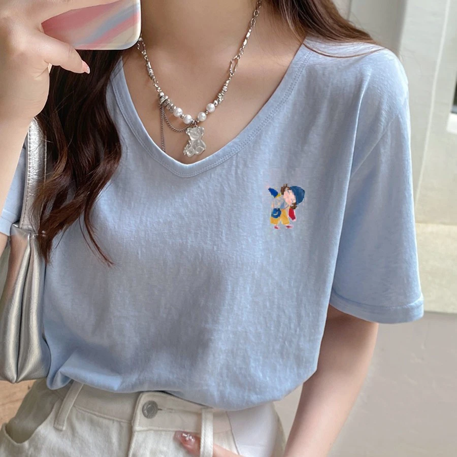 夏季雪花棉印花显瘦白色短袖t恤女2025新款大码女装v领宽松上衣女