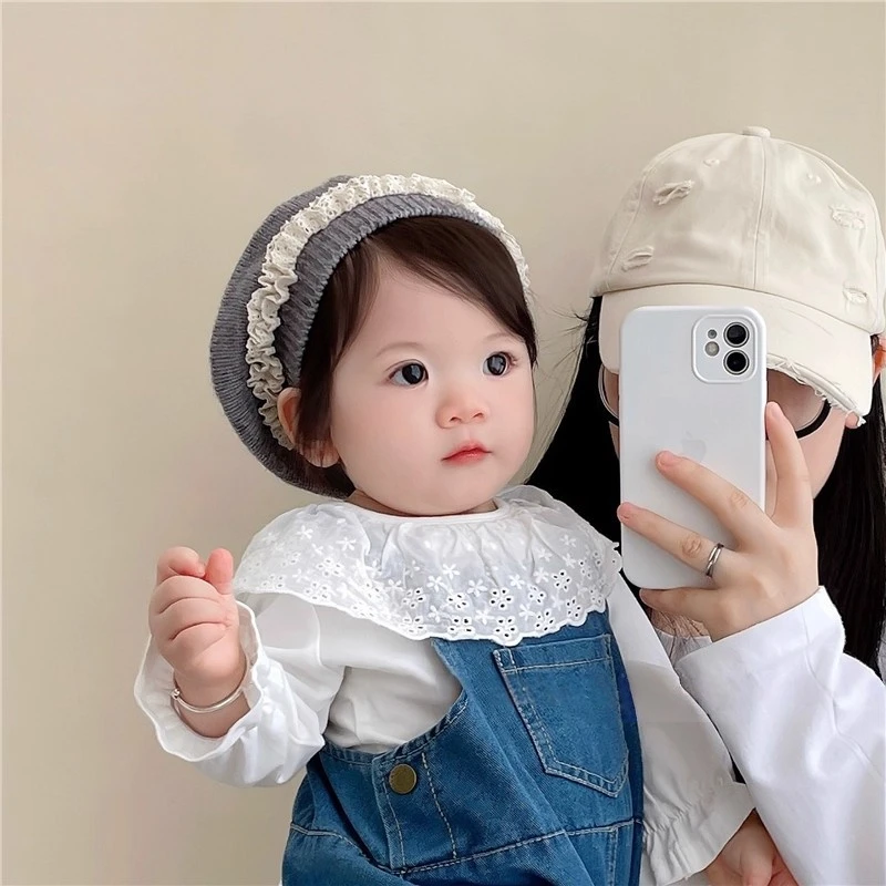 婴儿帽子2024春秋新款贝雷帽女宝宝毛线帽儿童针织帽四季款画家帽