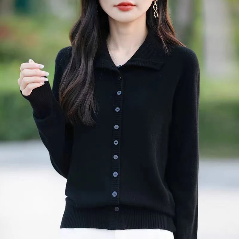 职业阿玛诗官2025秋冬新款高领单排扣针织开衫女宽松百搭长袖上衣