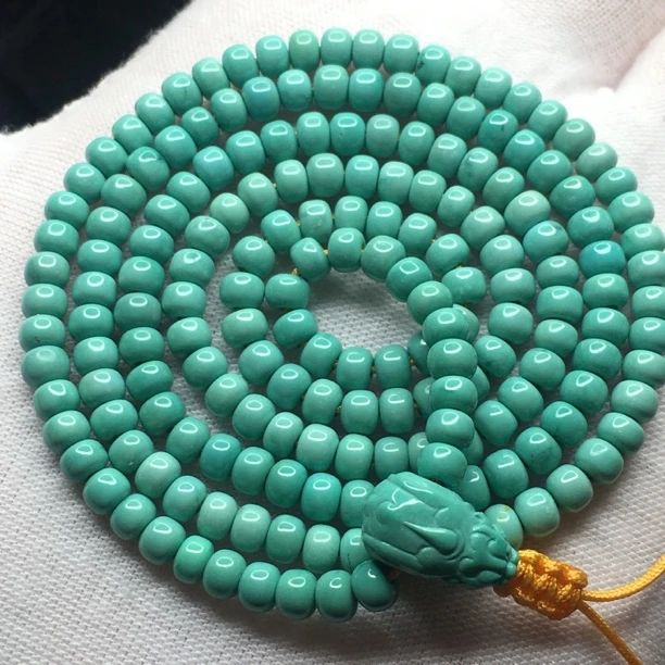 湖北十堰天然原矿绿松石老型佛珠 4mm 18.3g