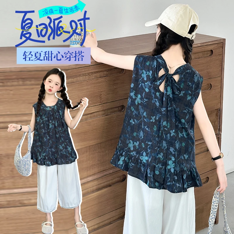 女童夏季款复古港风套装2025新款碎花宽松型雪纺衫吊带背心韩版