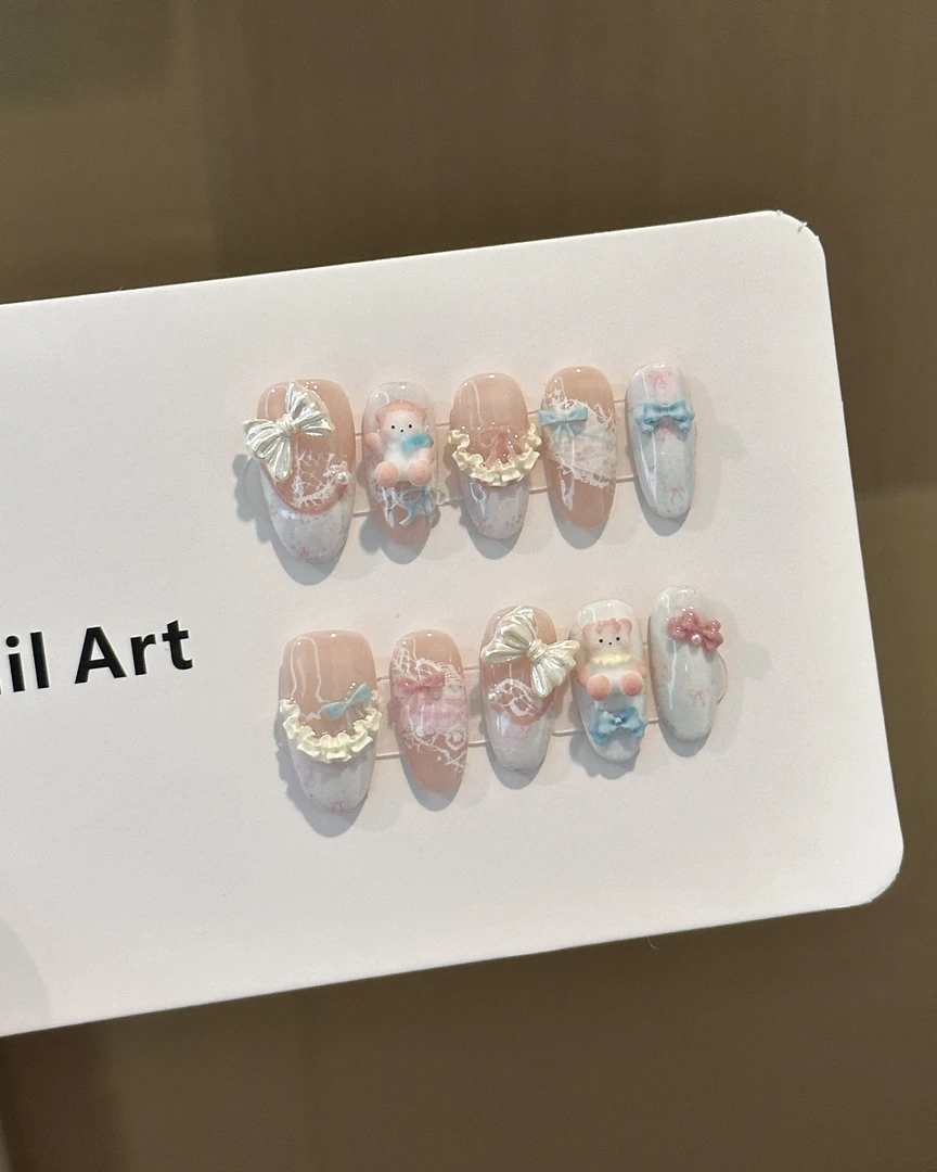 【奶油小熊】高品质可爱奶油蕾丝小熊纯手工穿戴甲可定制甲型