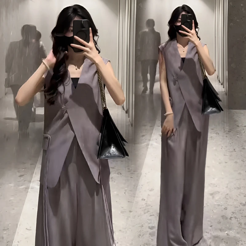 减龄气质时尚休闲套装女高级感斜扣西装马甲上衣显瘦阔腿裤两件套