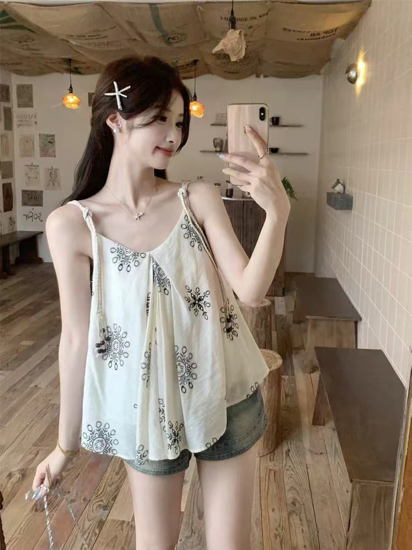 吊带夏季度假风高腰背心波西米亚风海边度假独特别致无袖小衫上衣