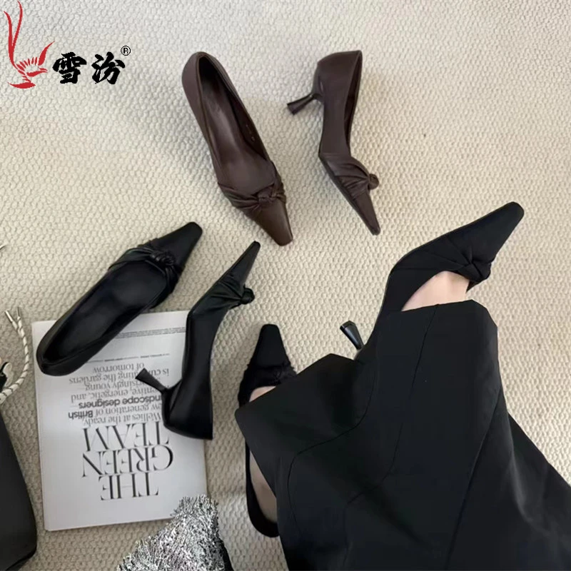 时尚性感小众显瘦法式高跟鞋女鞋黑色尖头细跟气质单鞋浅口百搭雪