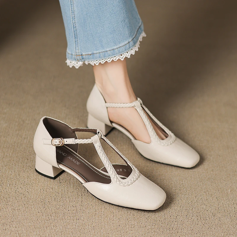 4CM，羊皮中跟包头休闲鞋时装女凉鞋粗跟高春季粗跟玛丽珍包头凉鞋