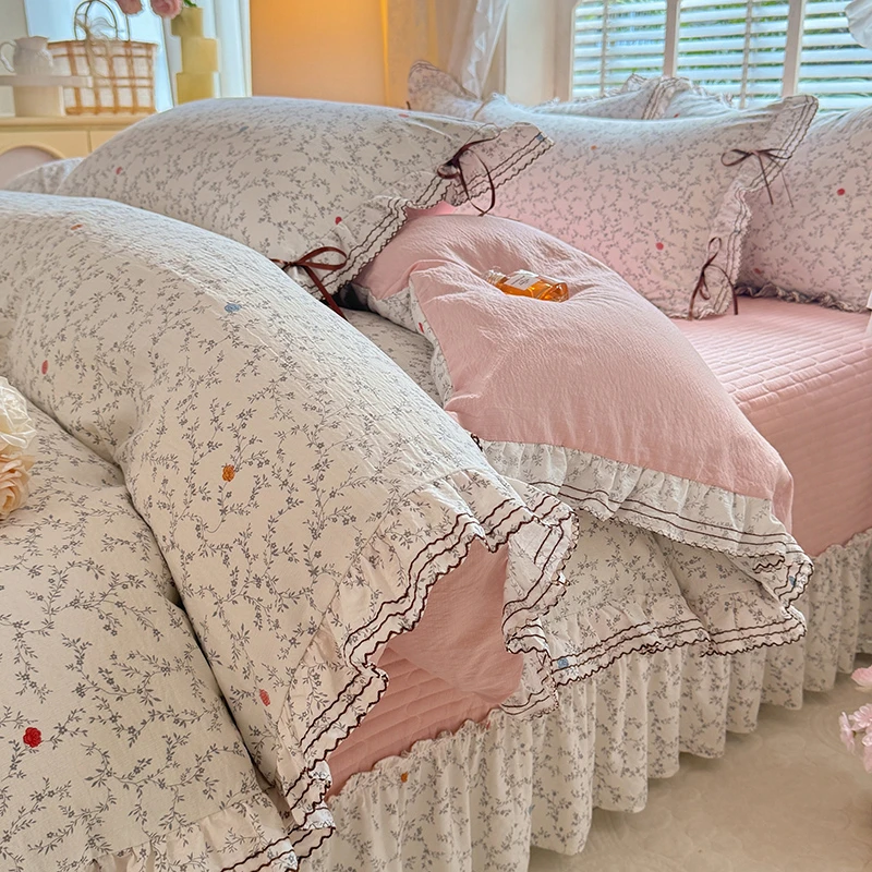 韩版蝴蝶结花边款床盖四件套单人双人款-四季四季通用床品四件套