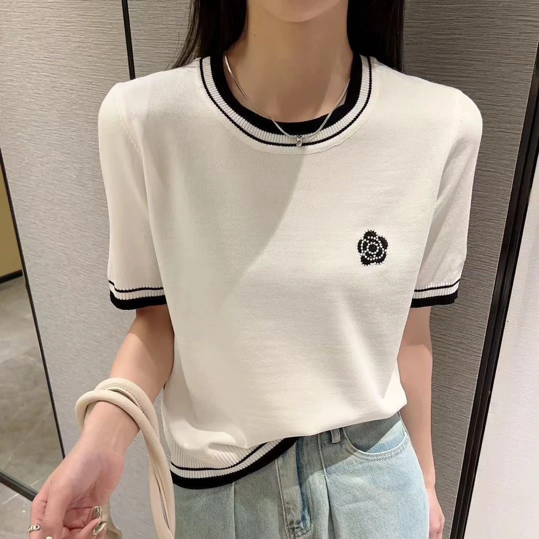 夏季新款撞色圆领刺绣冰丝针织衫短袖女设计感小众薄款百搭上衣潮