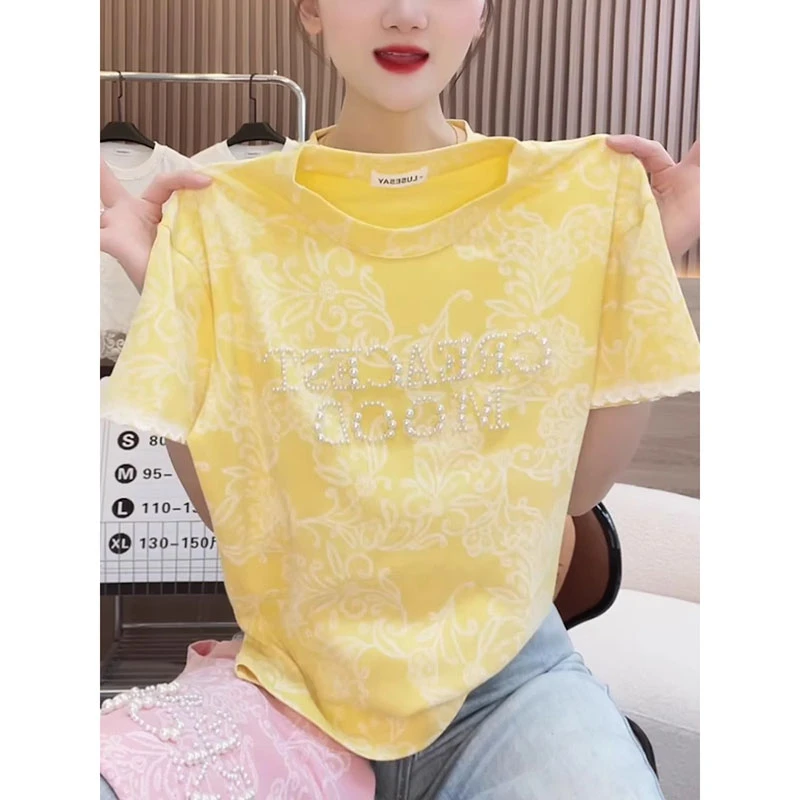 黄色正肩短袖t恤女夏季新款txb韩版高级感字母钉珠设计感小众上衣
