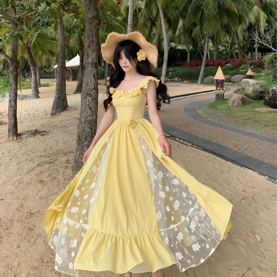 Blovelan【会会】日落花园 明亮浪漫复古蕾丝拼接头巾系带连衣裙