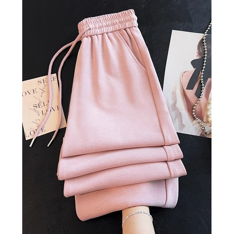 拉夏贝尔松紧腰直筒裤女2025春秋新款垂感软糯显瘦宽松阔腿休闲裤