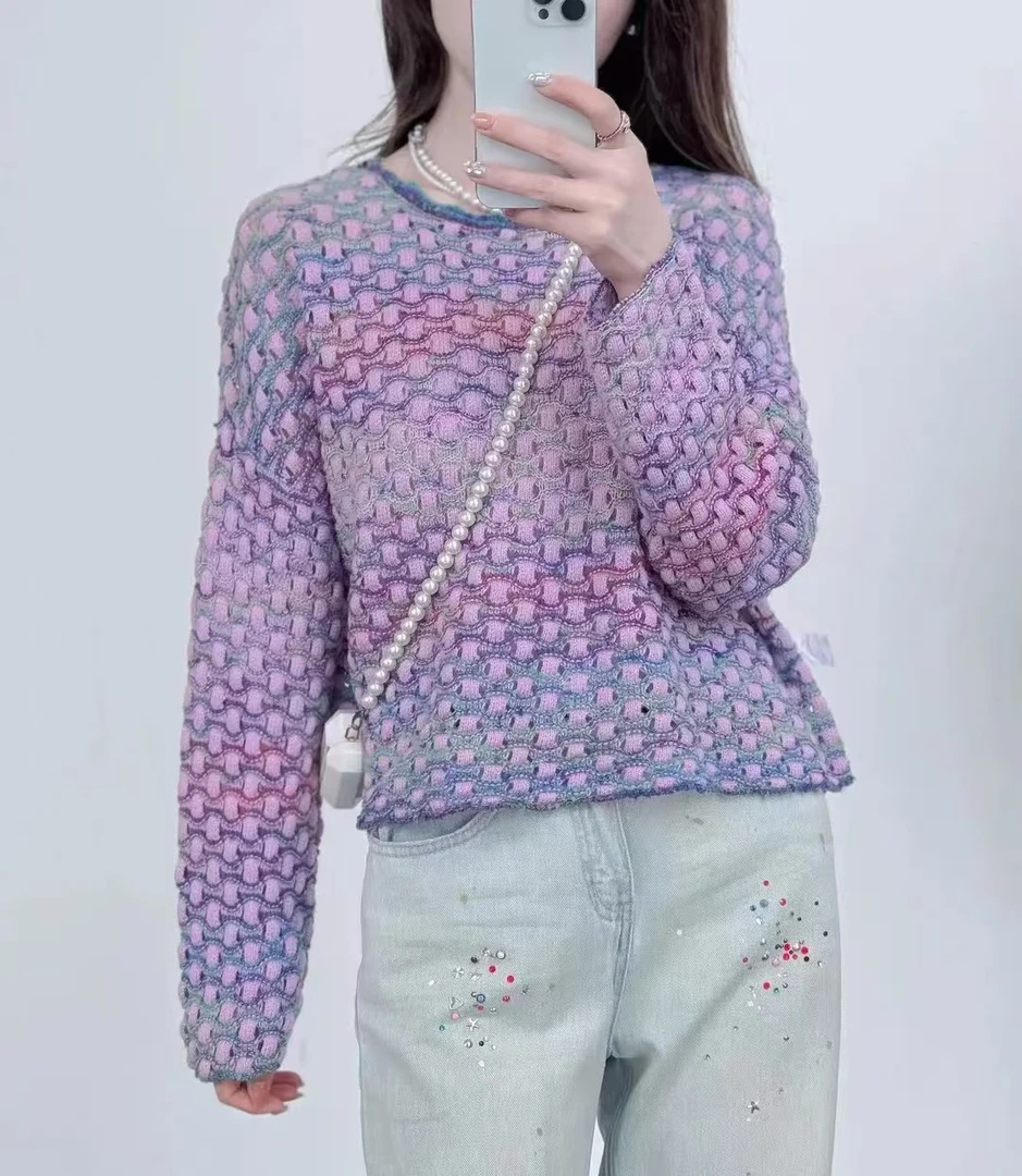 100羊绒✦渐变水波纹秋冬气质羊绒衫休闲紫色针织上衣长袖百搭圆领
