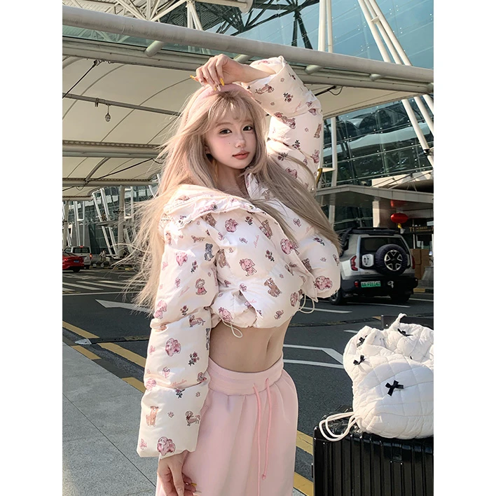 甜美风复古卡通印花连帽棉服女2025冬季新款气质加厚保暖面包服潮