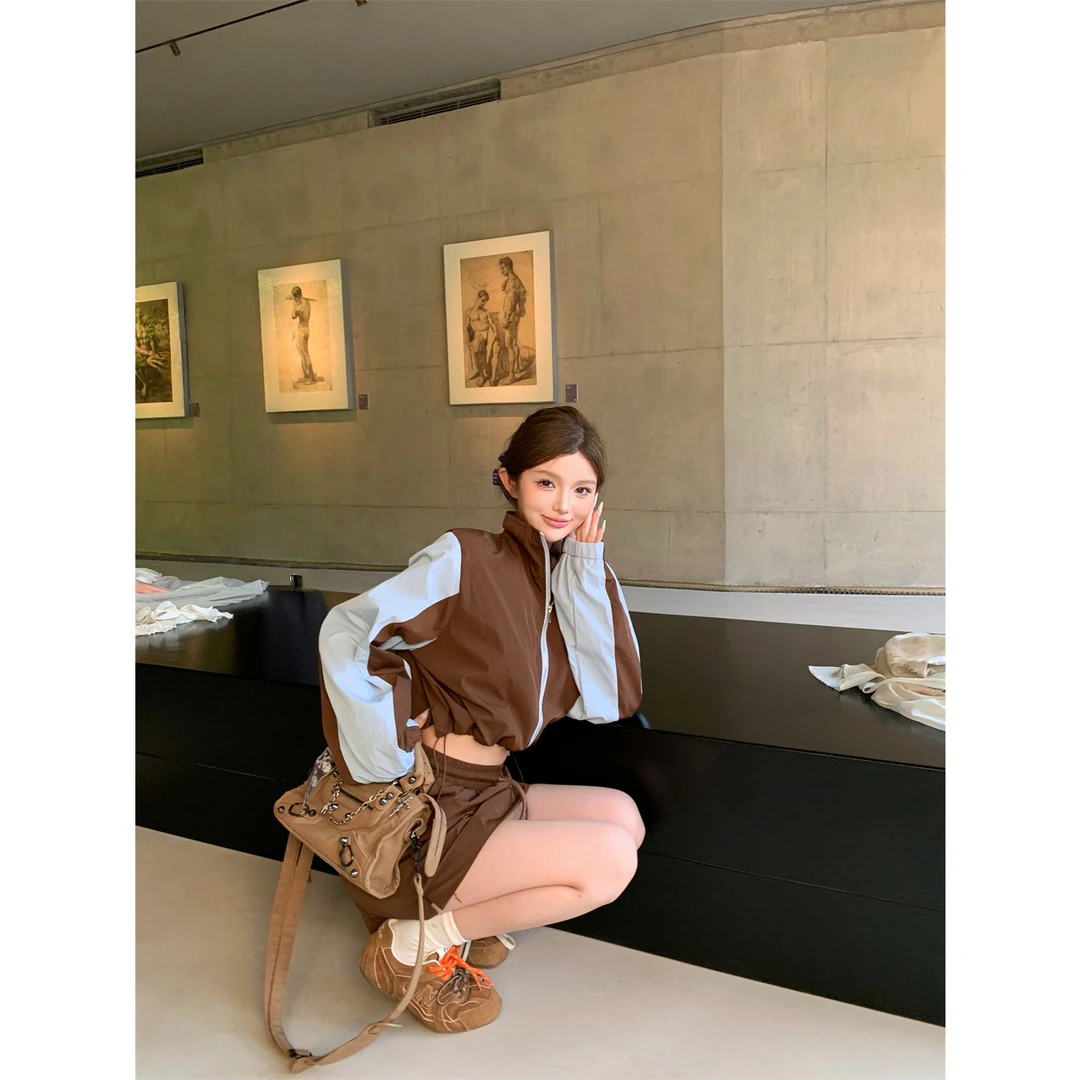 秋季新款韩系小众撞色立领夹克外套+松紧休闲A字半身裙女运动套装