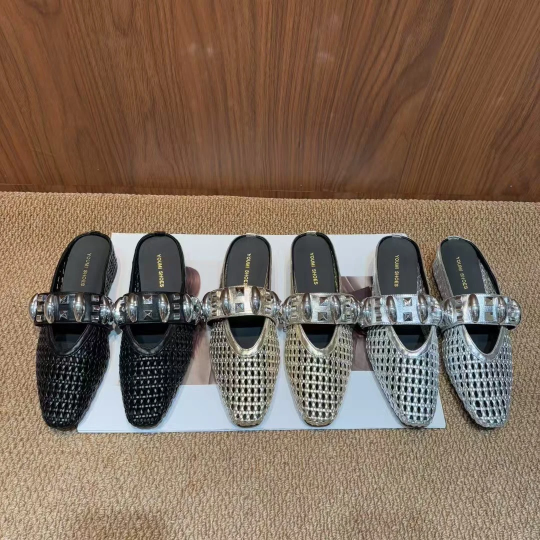 696-5内增高包头拖镂空编织春夏简约包头半拖平底鞋