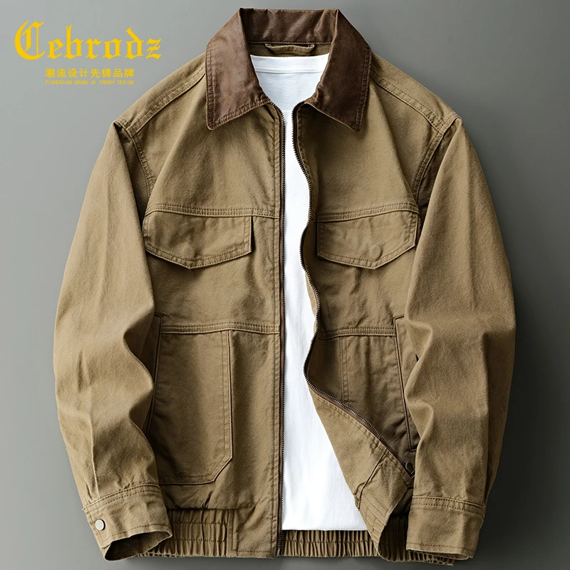法国Cebrodz复古翻领休闲外套春秋新款重磅纯棉宽松工装休闲夹克