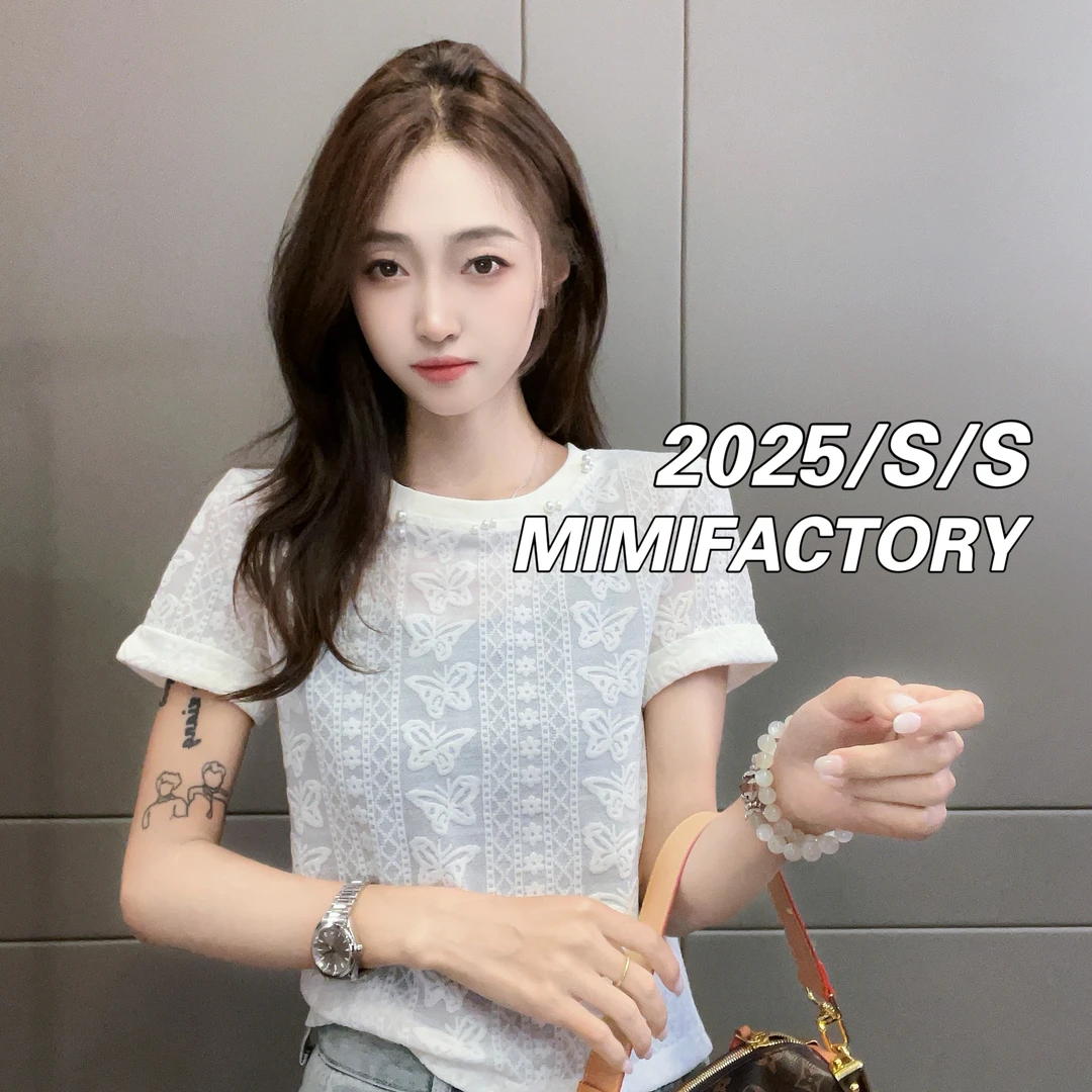 芈芈 2025夏季新款蝴蝶蕾丝短袖T恤女设计感修身显瘦百搭上衣018#