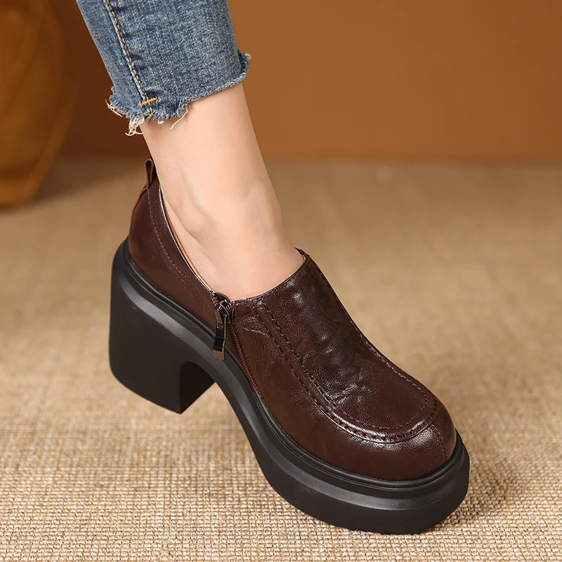 小个子高跟女鞋10cm粗跟防水台深口单鞋真羊皮复古棕色厚底乐福鞋
