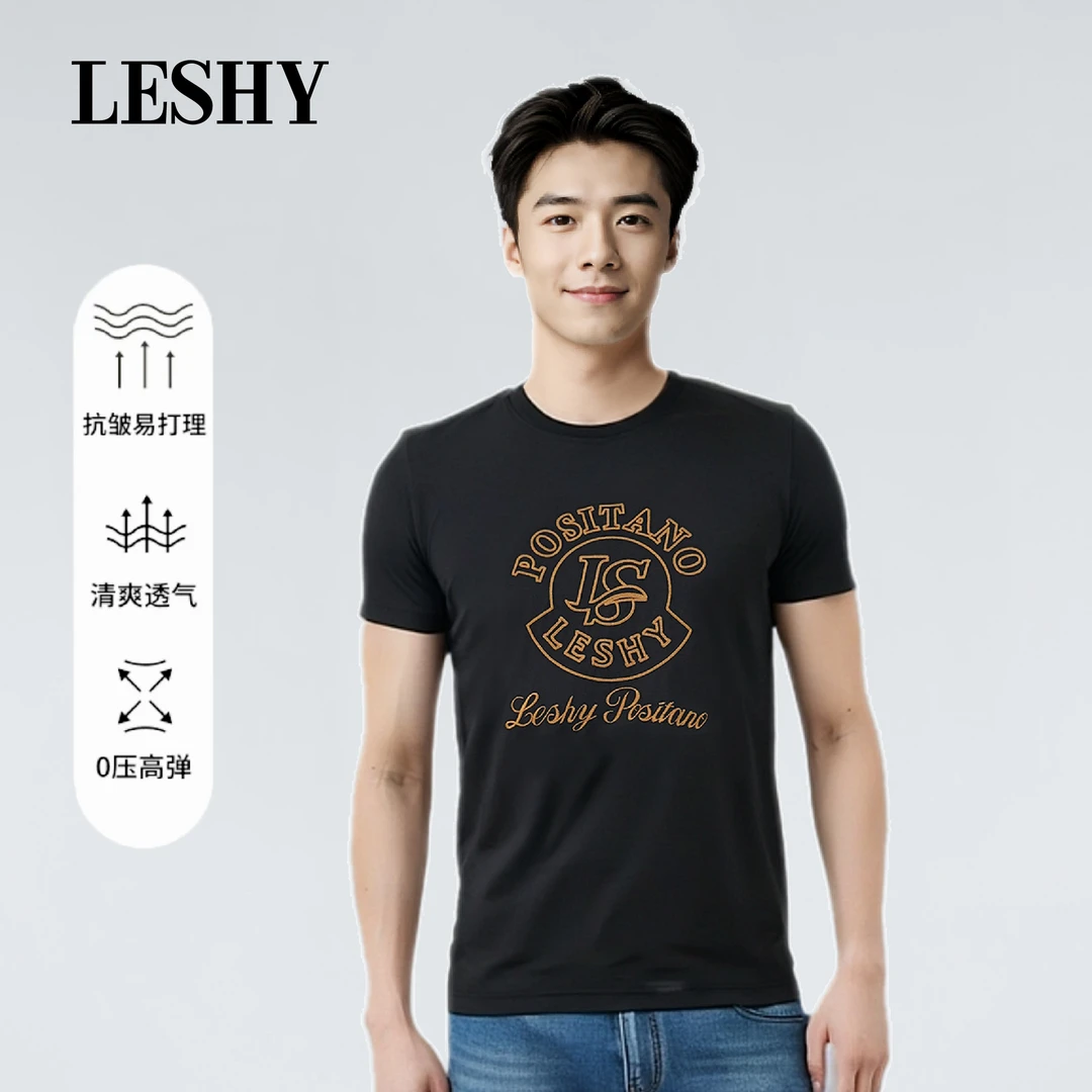 【四季百搭】乐士男装新款简欧修身英文设计圆领短袖T恤66241T0064