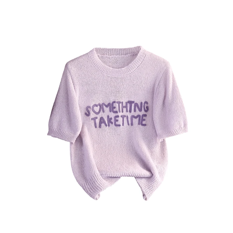 她池2025秋装新款女装圆领字母图案针织T恤短袖休闲上衣T51X0838Z