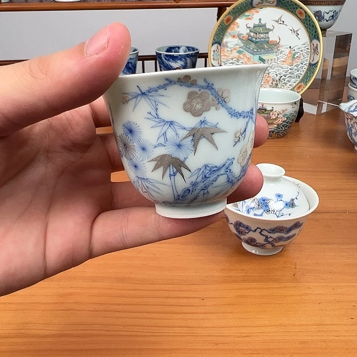 杯子青花描银松竹梅铃铛杯