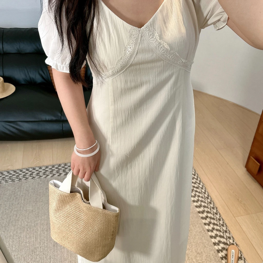 晶咕【初恋甜茶】法式蕾丝泡泡袖连衣裙显瘦气质白色性感