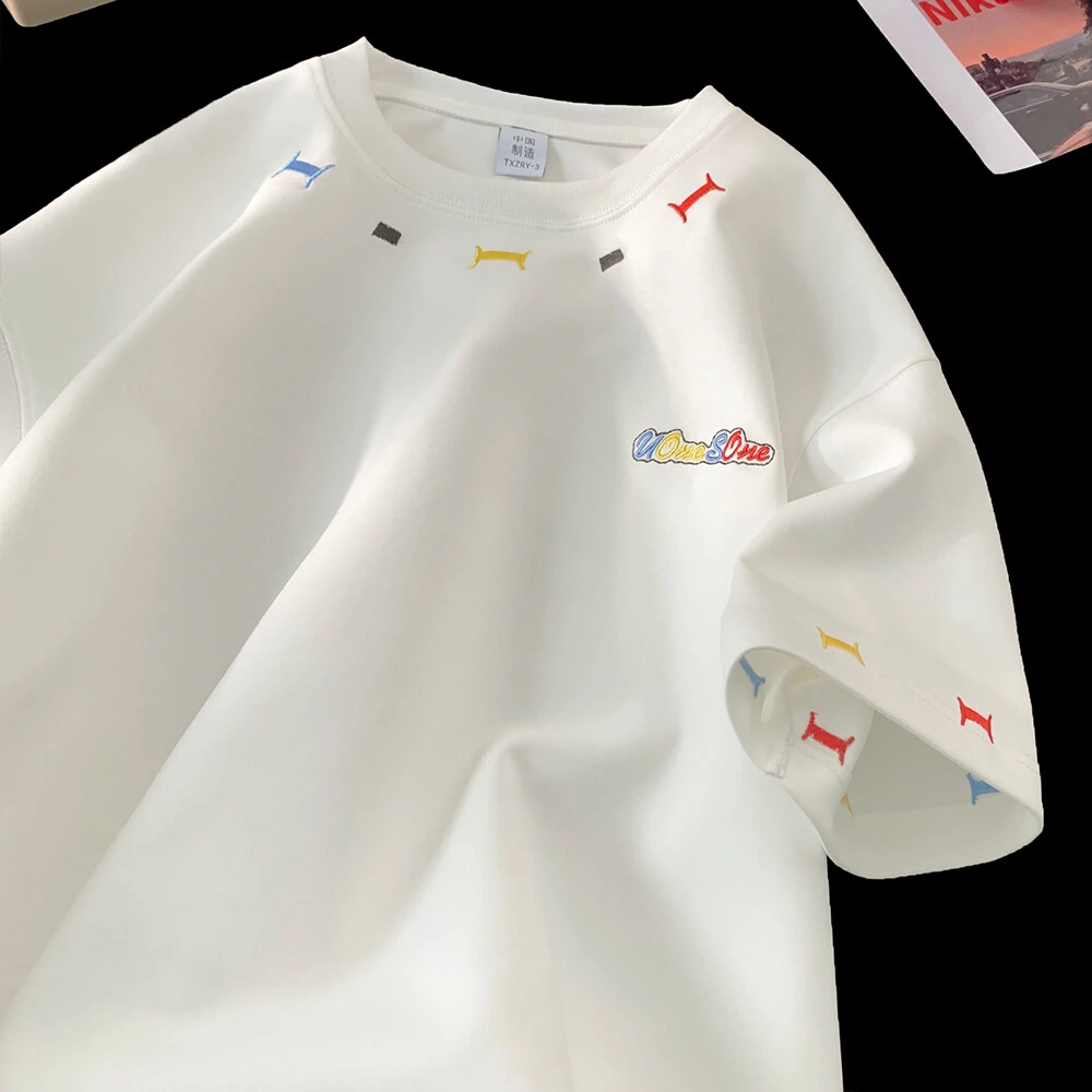 设计感彩绣圆领短袖体恤男2025夏季美式潮牌情侣百搭重磅半袖通勤