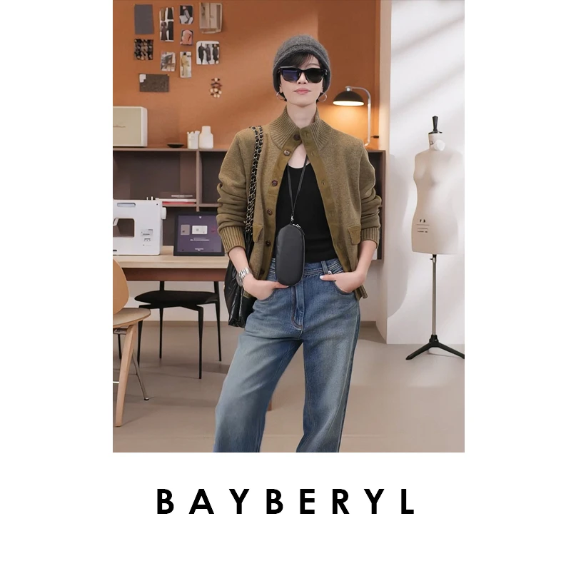 BAYBERYL老贝初代老钱*1p拼皮立领秋排扣针织开衫9ZZS5H2021-8/21