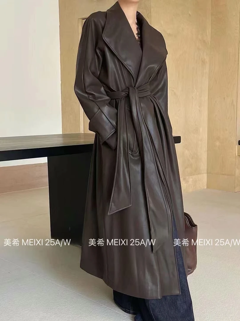 十三行秋冬新款法式气质大翻领中长款皮衣外套女收腰过膝风衣大衣
