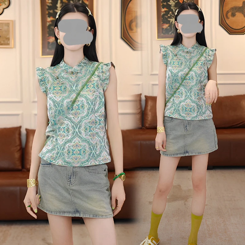 2025年新款夏季新中式国风轻奢贵气女装复古减龄显瘦飞飞袖衬衫潮