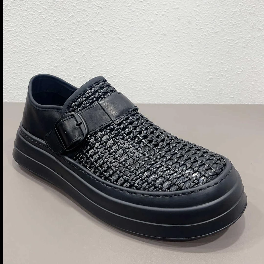 夏季男鞋牛皮编织男士皮鞋25新款时尚潮牌奢品镂空百搭商务休闲鞋