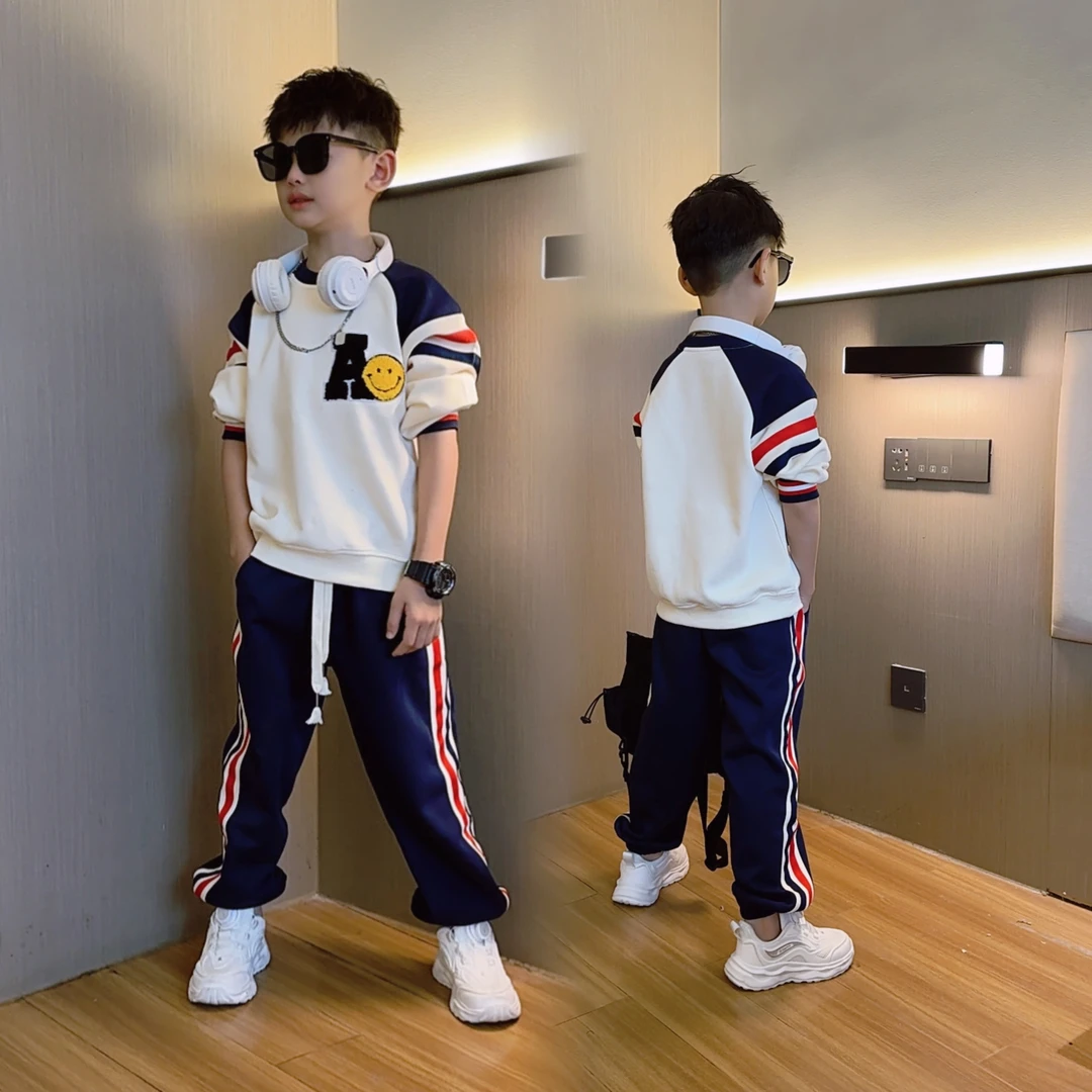 男童秋冬撞色织带字母休闲中大童儿童男孩洋气套装卫衣套装穿搭