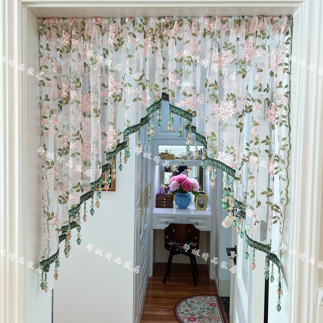 轻奢绿韵流苏边碎免打孔安装隔断门帘纱帘蕾丝布艺卧室厨房隔断T
